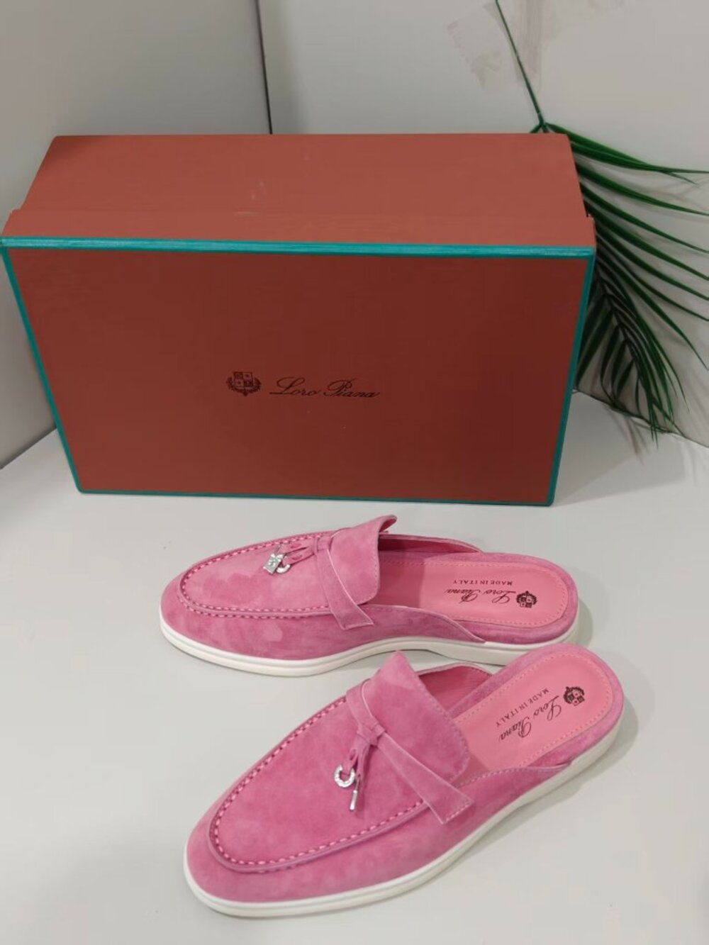 Loro Piana Pink Suede Mule Loafers Silver Charm Detail Slip‑On Shoes With Origin